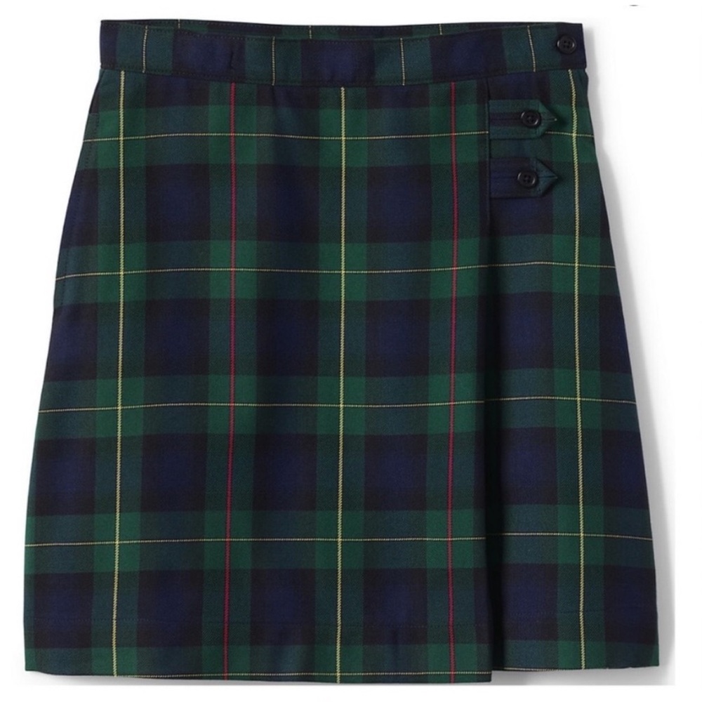 Lands’ End hunter/navy plaid uniform skirt